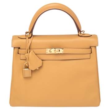 Pre Owned Hermes Curry Swift Leather Gold Plated Kelly Retourne 25 Bag