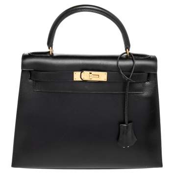 Pre Owned Hermes Black Box Calf Leather Gold Hardware Kelly Sellier 28 Bag