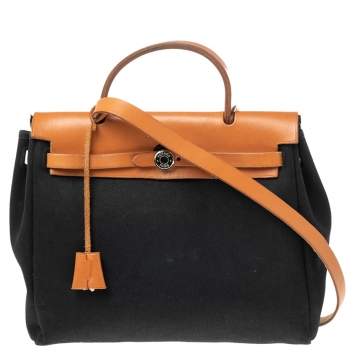Pre Owned Hermes Noir/Natural Canvas and Leather Herbag PM Bag