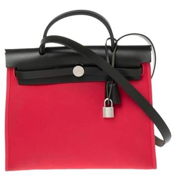 Pre Owned Hermes Rose Extreme/Kaki Canvas and Leather Herbag Zip 31 Bag