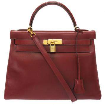 Pre Owned Hermes Red Calf Leather Gold Hardware Kelly 32 Bag