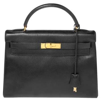Pre Owned Hermes Black Ardenes Leather Gold Plated Kelly Retourne 32 Bag