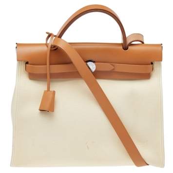 Pre Owned Hermes Beige/Tan Canvas and Leather Herbag Zip 31 Bag