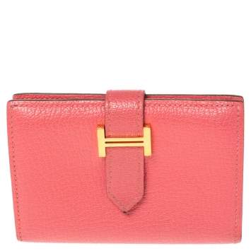 Pre Owned Hermes Rose Lipstick Evercolor Leather Bearn Card Holder