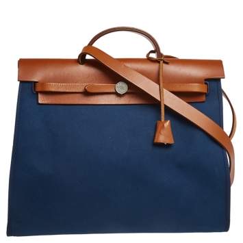 Pre Owned Hermes Bleu De Malte/Fauve Canvas and Leather Herbag Zip 39 Bag