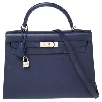 Pre Owned Hermes Blue Saphir Epsom Leather Palladium Plated Kelly Sellier 32 Bag
