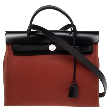 Pre Owned Hermes Noir/Rouge H Canvas and Leather Herbag Zip 31 Bag
