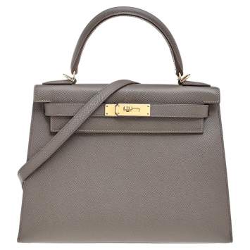 Pre Owned Hermes Etain Epsom Leather Gold Finish Kelly Sellier 28 Bag
