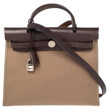 Pre Owned Hermes Etoupe/Ebene Canvas and Leather Herbag Zip 31 Bag