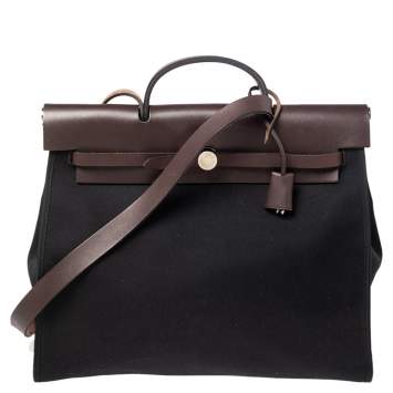 Pre Owned Hermes Black/Cacao Canvas and Leather Herbag Zip 39 Bag