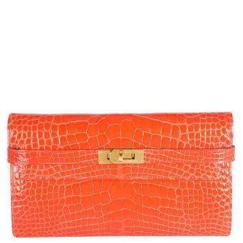 Pre Owned Hermes Tangerine Shiny Alligator Leather Classic Kelly Wallet