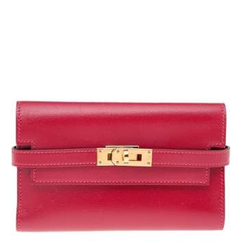 Pre Owned Hermes Rouge Vif Tadelakt Leather Kelly Depliant Medium Wallet