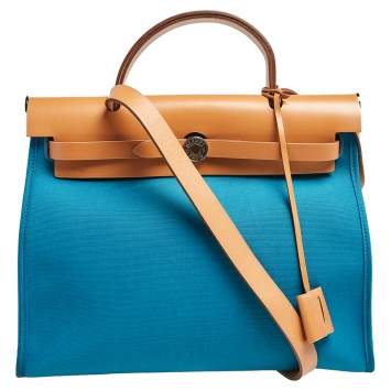 Pre Owned Hermes Bleu Izmir/Natural Canvas And Leather Herbag Zip 31 Bag