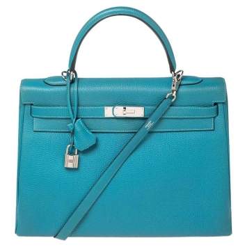 Pre Owned Hermes Bleu Jean Togo Leather Palladium Finish Kelly Retourne 35 Bag