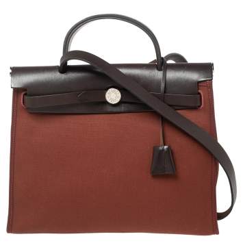 Pre Owned Hermes Rouge H/Ebene Canvas and Leather Herbag Zip 31 Bag
