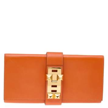 Pre Owned Hermes Orange Box Leather Medor 29 Clutch