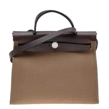 Pre Owned Hermes Etoupe/Ebene Canvas and Leather Herbag Zip 31 Bag