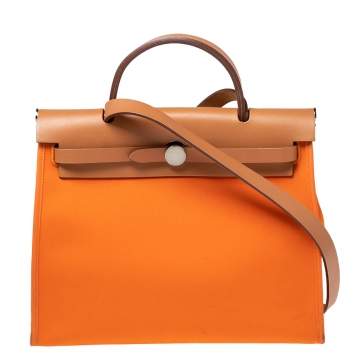 Pre Owned Hermes Orange/Natural Canvas and Leather Herbag Zip PM Bag