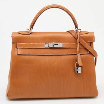 Pre Owned Hermes Fauve Barenia Leather Palladium Plated Kelly Retourne 32 Bag