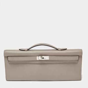 Pre Owned Hermes Gris Asphalt Swift Leather Kelly Cut Clutch