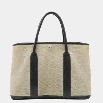 Pre Owned Hermes Garden Party PM Bolduk Pattern Tote Bag Handbag Toile Ash Leather Gray Black