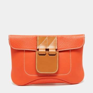 Pre Owned Hermes Orange Poppy Clemence and Swift Leather Virevolte Clutch
