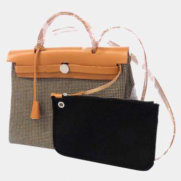 Pre Owned Hermes Black/Gold Leather Toile Herbag Zip 31 Shoulder Bag 