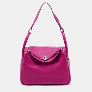 Pre Owned Hermes Rose Pourpre Evercolor Leather Palladium Finish Lindy 30 Bag