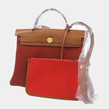 Pre Owned Hermes Orange Toile Officier Vache Hunter Leather Herbag Zip PM Tote Bag 