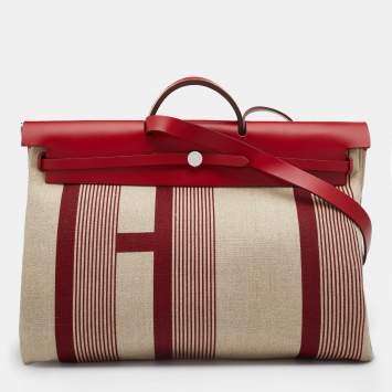 Pre Owned Hermes Beige/Red H Vibration Canvas and Leather Herbag Zip 50 Bag