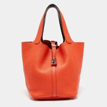 Pre Owned Hermes Orange Poppy/Rouge H Taurillon Clemence Leather Picotin Lock 22 Bag