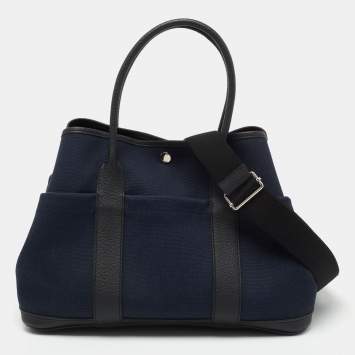 Pre Owned Hermes Noir/Bleu Marine Vache Country Leather and Military Toile Garden Party Pockets 36 Bag