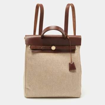 Pre Owned Hermes Natural/Havane Toile and Leather 2-in-1 Herbag Backpack