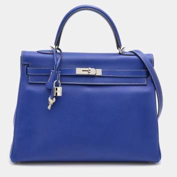 Pre Owned Hermes Bleu Electrique/Mykonos Epsom Leather Palladium Finish Kelly Retourne 35 Bag