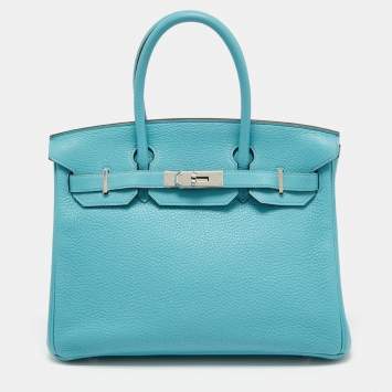 Pre Owned Hermes Blue Saint Cyr Taurillon Clemence Leather Palladium Finish Birkin 30 Bag