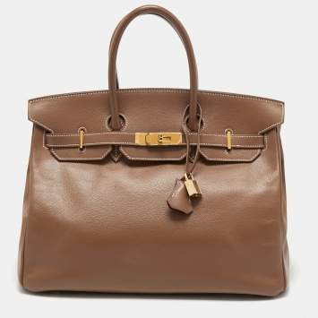 Pre Owned Hermes Evergrain Gold Leather Gold Finish Birkin 35 Bag