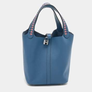 Pre Owned Hermes Bleu Brighton/Capucine/Bleu Saphir Epsom Leather Picotin Lock Tressage MM Bag