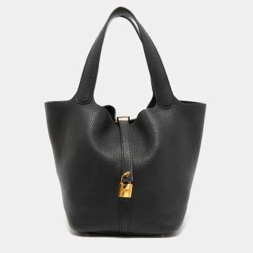Pre Owned Hermes Black Clemence Leather Gold Finish Picotin Lock 22 Bag