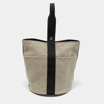 Pre Owned Hermes Beige/Black Canvas Saxo MM Bucket Bag