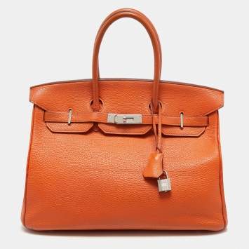 Pre Owned Hermès Orange Togo Leather Palladium Finish Birkin 35 Bag
