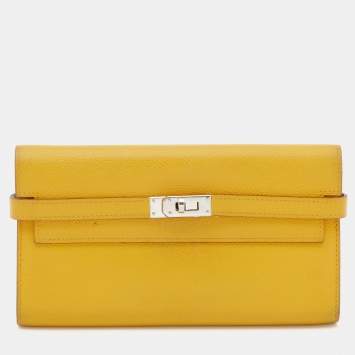Pre Owned Hermes Jaune d'or Epsom Leather Palladium Finish Kelly Wallet