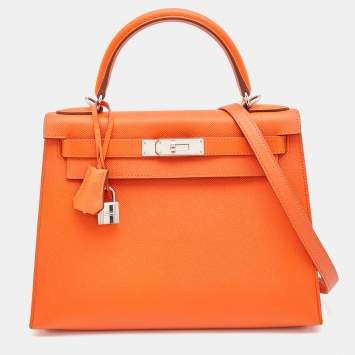 Pre Owned Hermes Feu Epsom Leather Palladium Finish Kelly Sellier 28 Bag