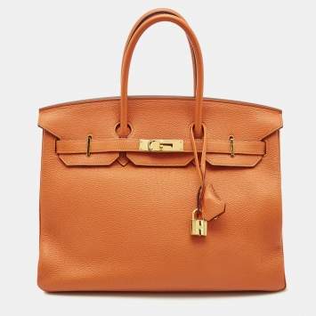 Pre Owned Hermes Orange Togo Leather Gold Finish Birkin 35 Bag