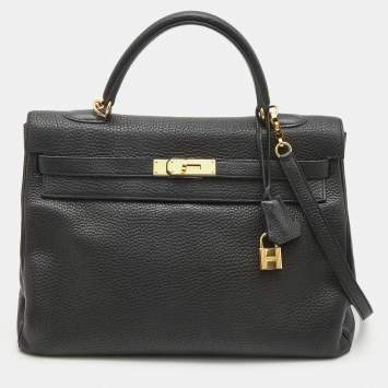 Pre Owned Hermes Black Fjord Leather Gold Finish Kelly Retourne 35 Bag