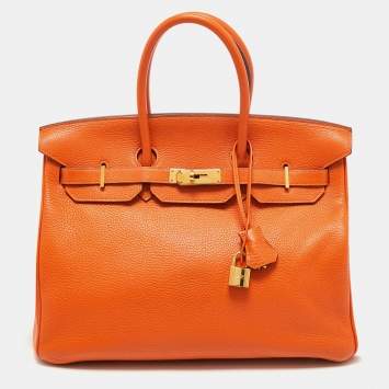 Pre Owned Hermes Orange Clemence Leather Gold Finish Birkin 35 Bag