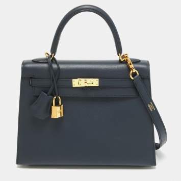 Pre Owned Hermes Blue Nuit Epsom Leather Gold Finish Kelly Sellier 25  Bag