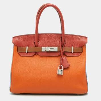 Pre Owned Hermes Orange/Etain/Sanguine Clemence Leather Palladium Finish Birkin 30 Bag