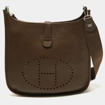 Pre Owned Hermes Chocolat Clemence Leather Evelyne III GM Bag