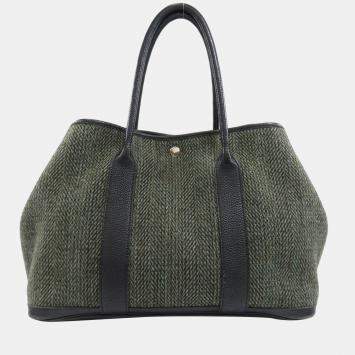 Pre Owned Hermes Garden PM Green Tote Bag Tweed Ladies