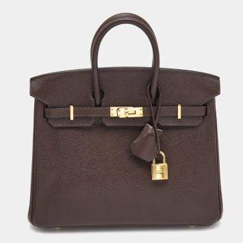 Pre Owned Hermes Chocolat Epsom Leather Gold Finish Birkin 25 Bag